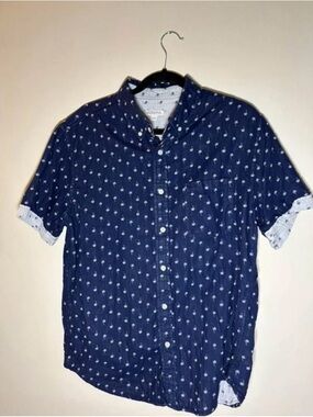Merona Navy Short-Sleeve Button-Down Shirt with Micro Palm Print